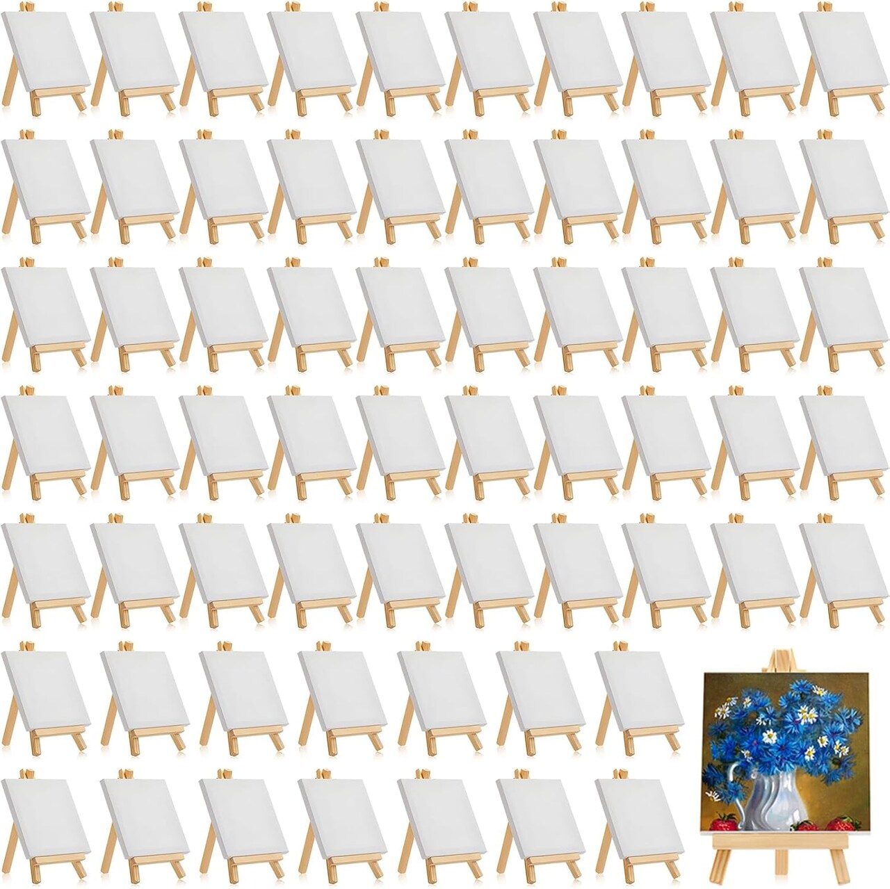 64 Pack Mini Canvas with Easel Sets 4x4 Inch – Stretched Cotton Canvas Panels with Wooden Display Easels, Bulk Painting Kits for Kids, Classroom Crafts, DIY Art Projects & Gift Activities